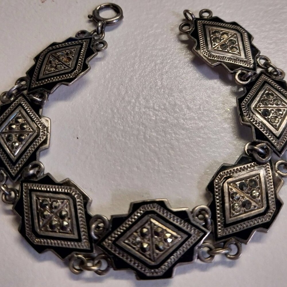 Vintage Art Deco 1930's Sterling Enamel Marcasite Bracelet
